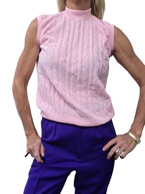 Vintage 70s Montgomery Ward Pink Mock Neck Cable Knit Sweater Shell
